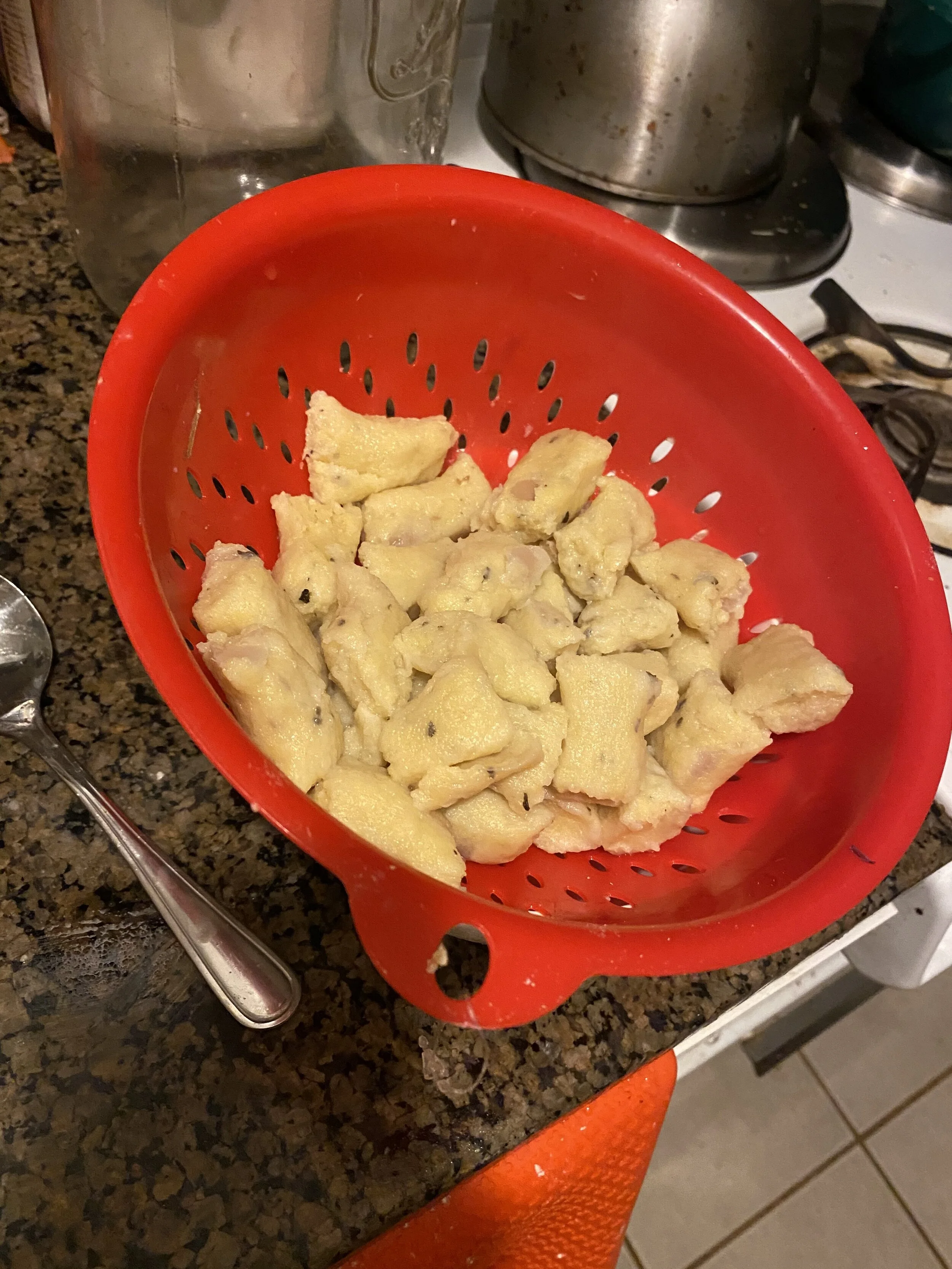 When the gnocchi float to the top of the pot it is done and this homemade polenta past cooks very quickly so keep your eye on the pot. Fish them our with your ladle of ravioli strainer and put aside in a colander over ra bowl so the excess liquid dr…