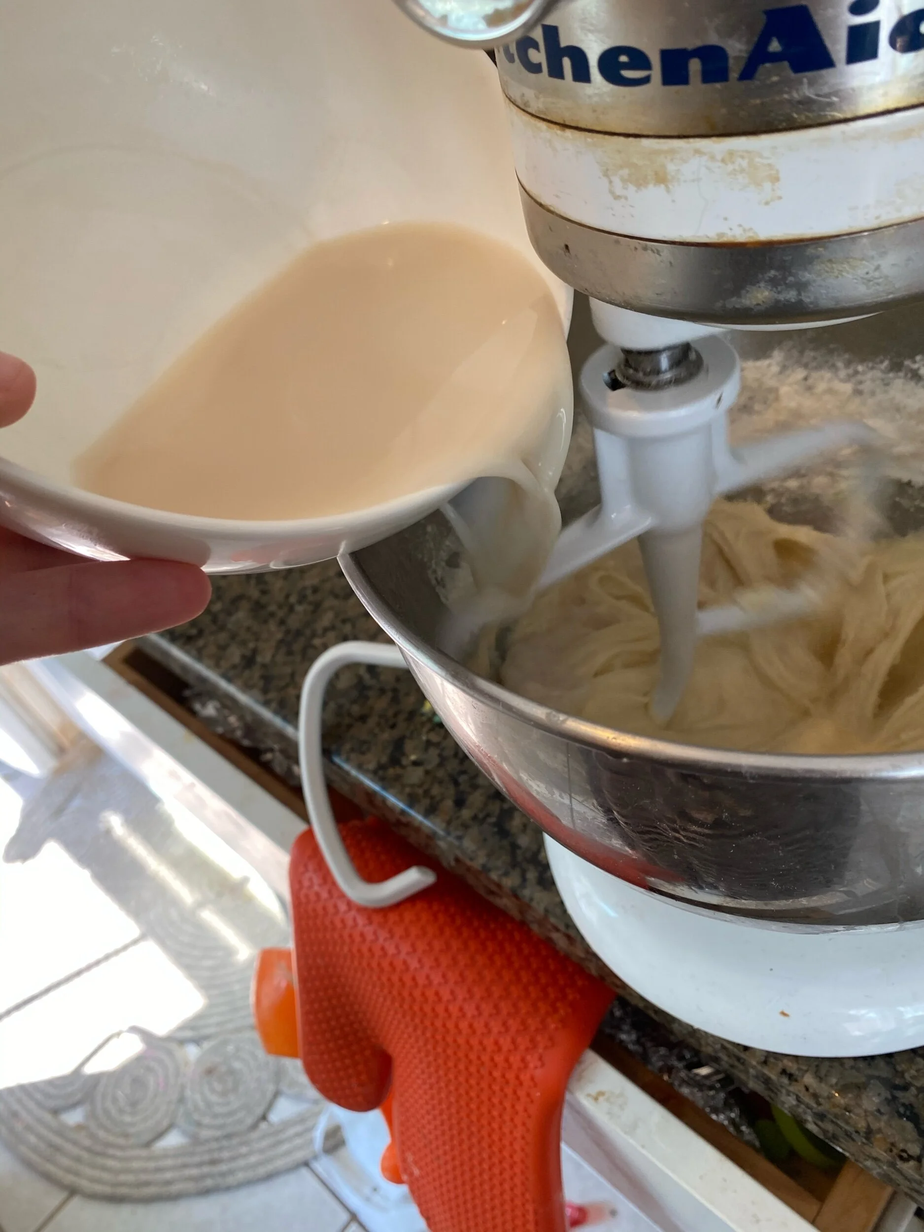 Add half the flour mixture, then the milk mixture, then the remaining flour mixture, beating to blend after each addition.