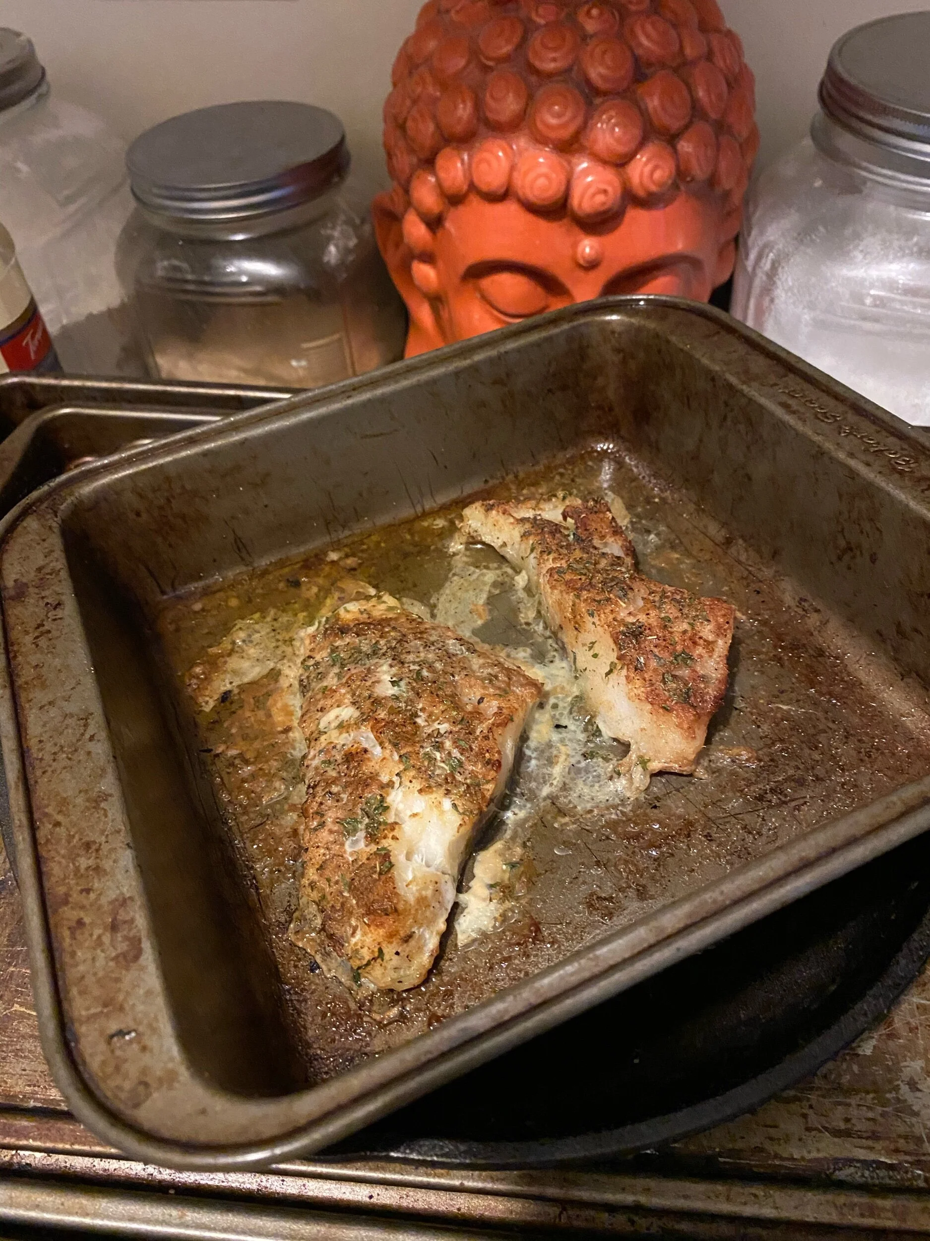 Cook until fish has finished browning but is still juicy and moist. Fish should easily flake with opened in its densest part.Serve with simple garlic aioli (Recipe in previous posts under “Spicy Tilapia”)