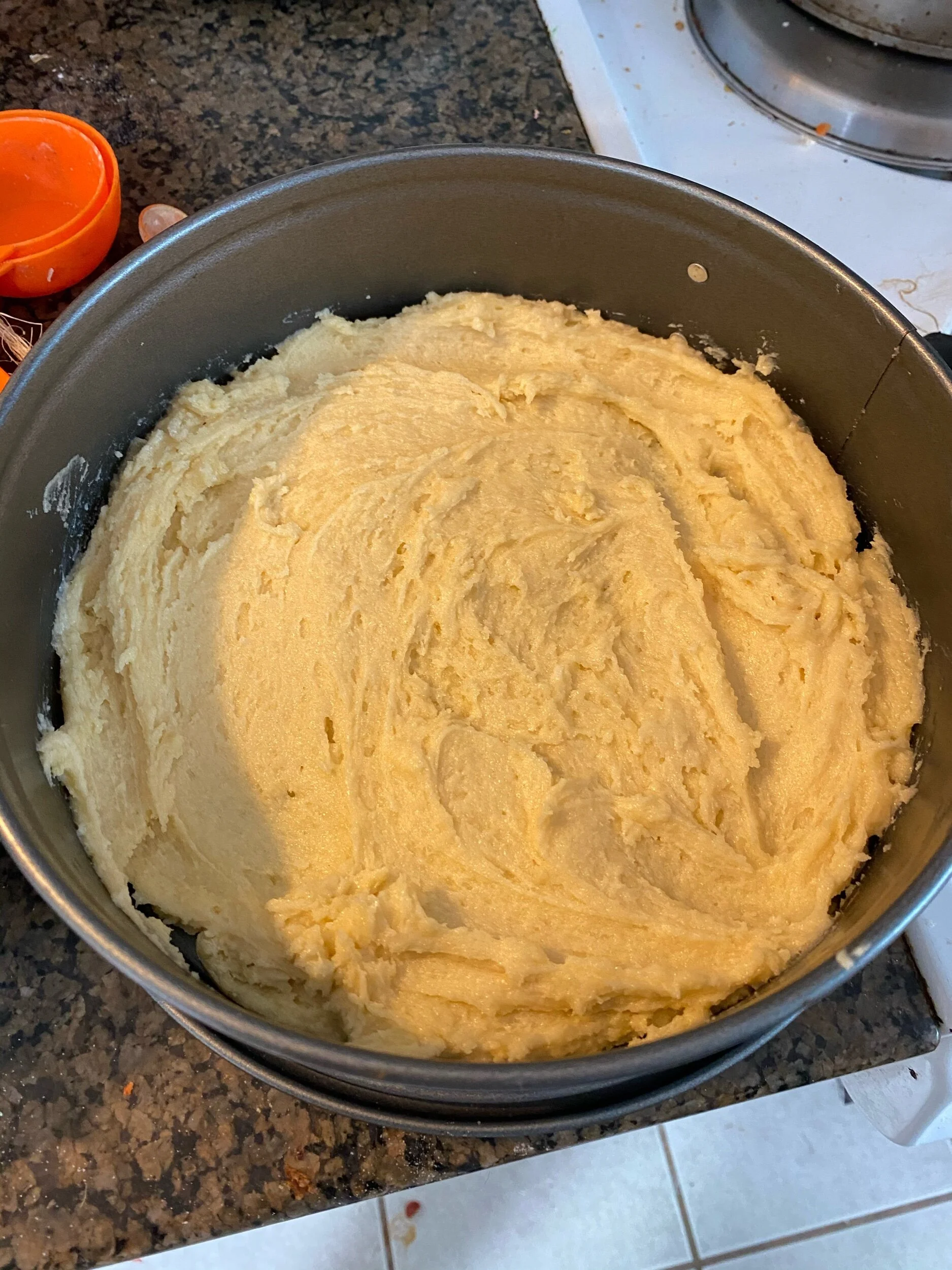 Cream tHe butter and sugar. Add the eggs, flour, baking powder and remaining ingredients.* i used Salted butter So i omItted tHe addition of additional salt* Pour into your sm/medium springform pan and use your spatula to spread to your edges. If ma…