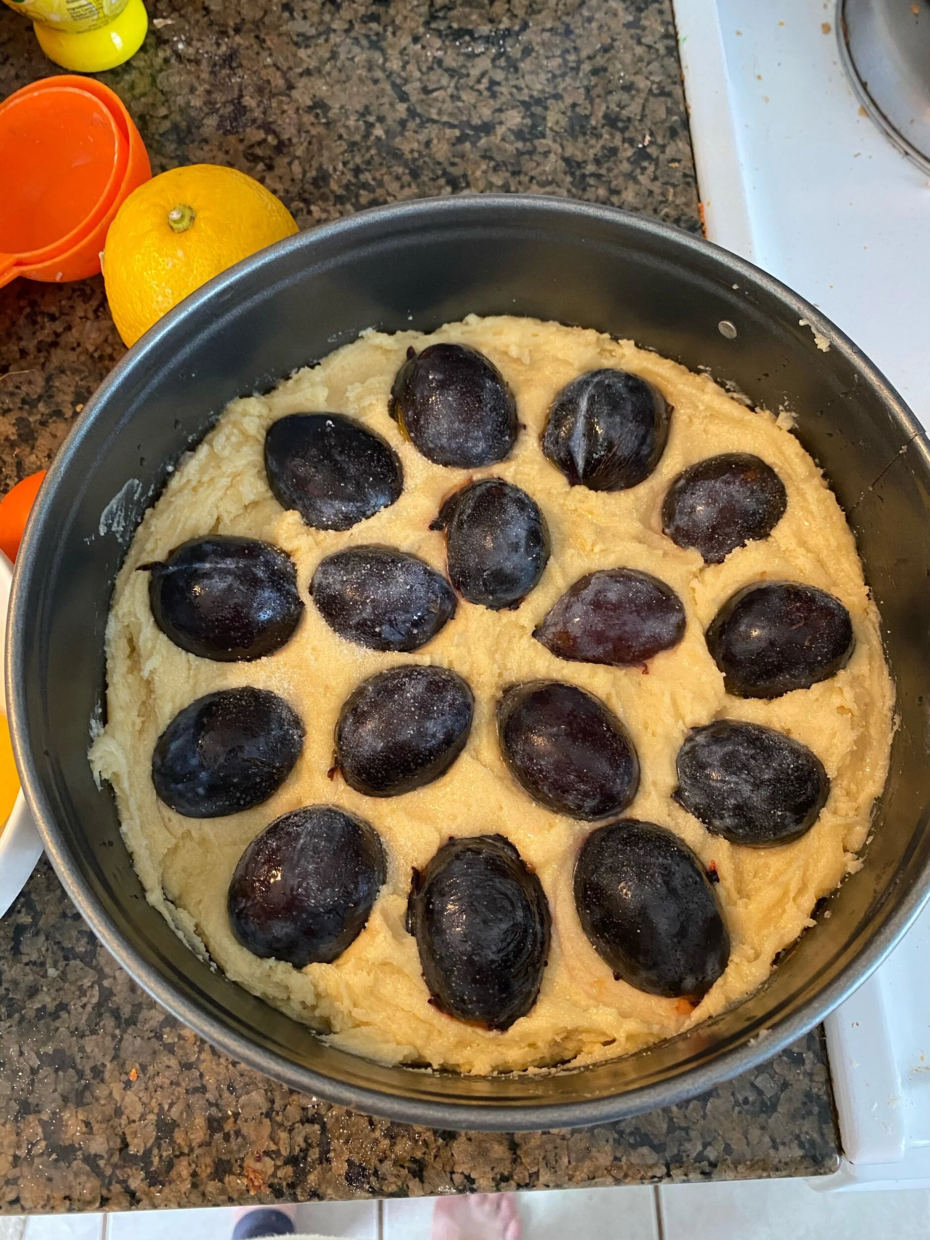 HaLve your plums, remove your pits and place the plum halves skin side up in your pan, nestling thrm into your batter.