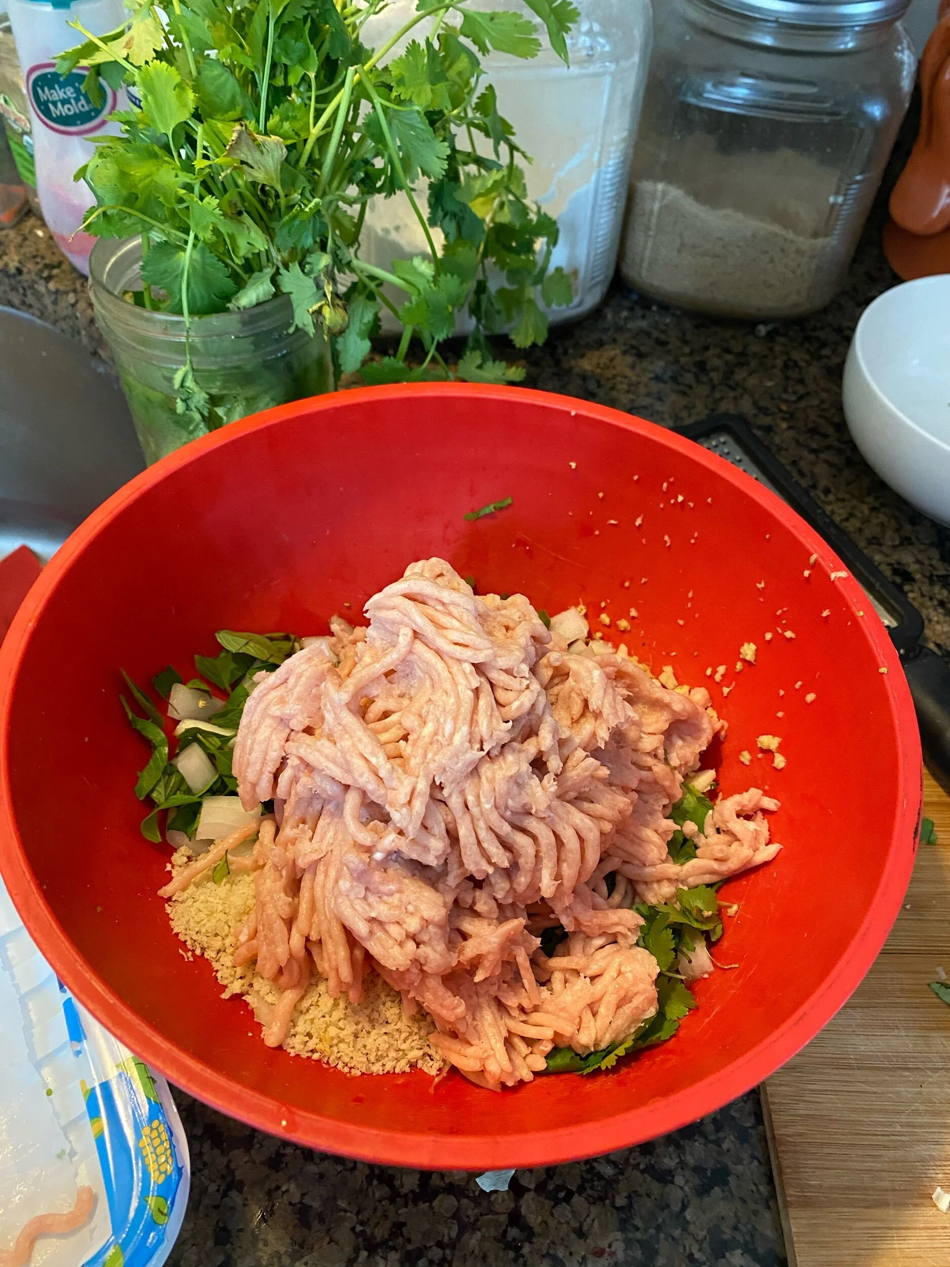 Wash your hands again because I am sure you washed your hands when you got back from the grocery story and mix it with your hands.