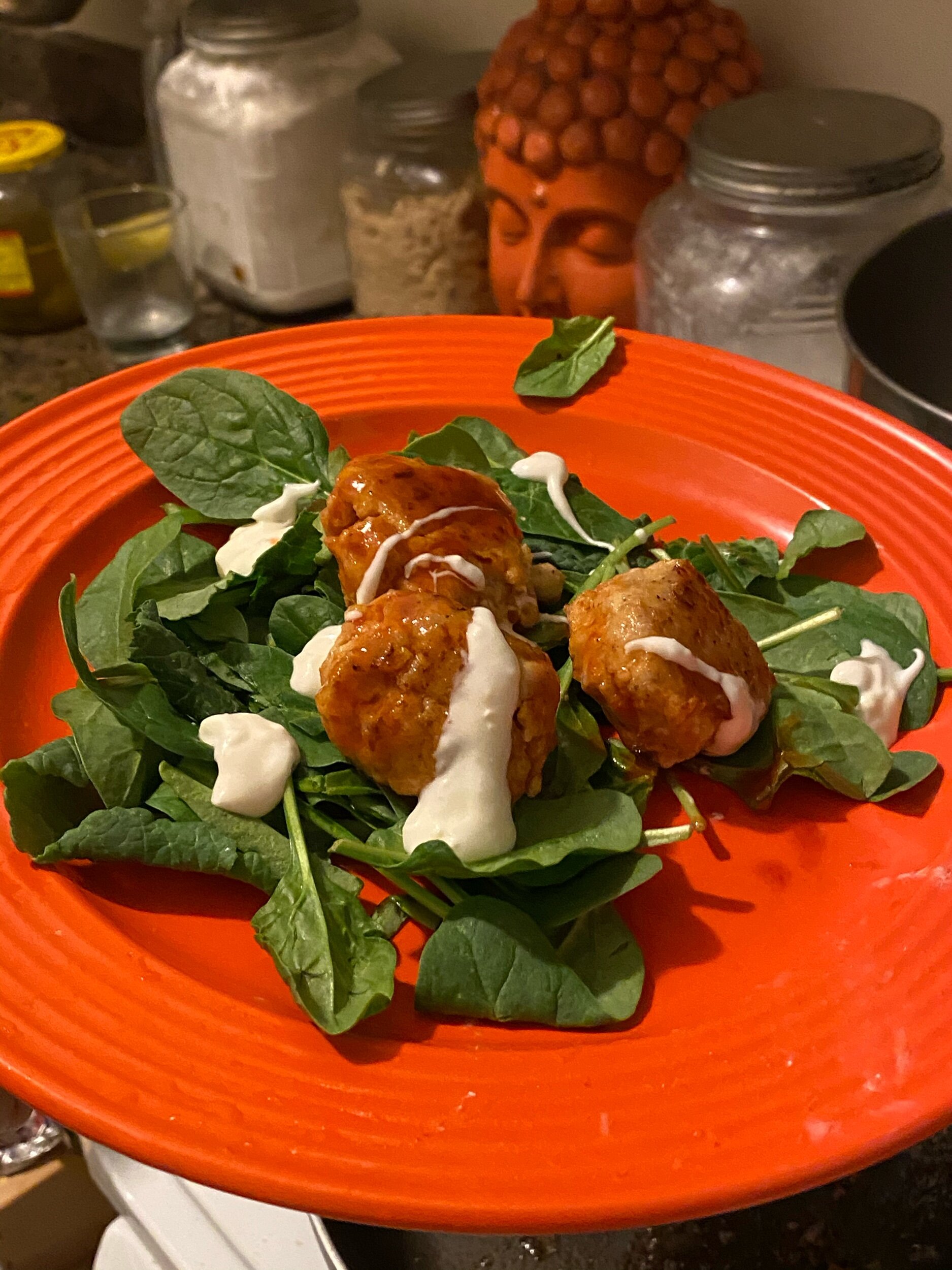 Serving Suggestion: On a bed of lettuce slightly drizzled with low fat bleu cheese dressing to cut the heat