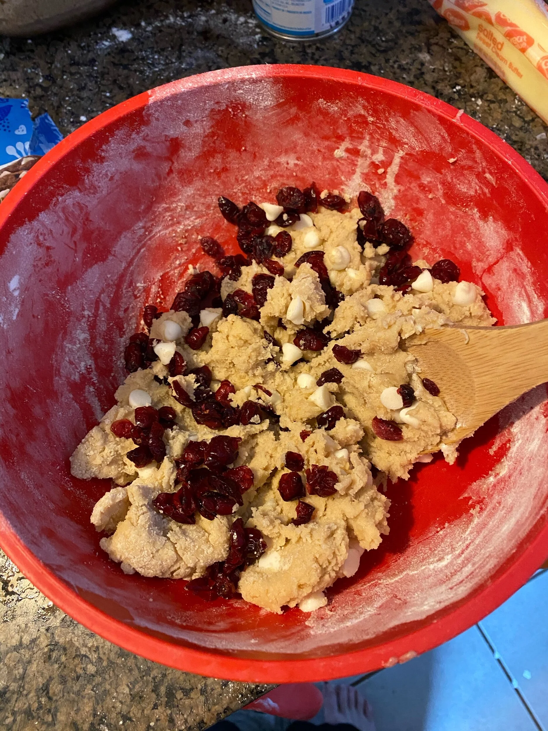 Mix in the cranberries and the white chOcolate chips.