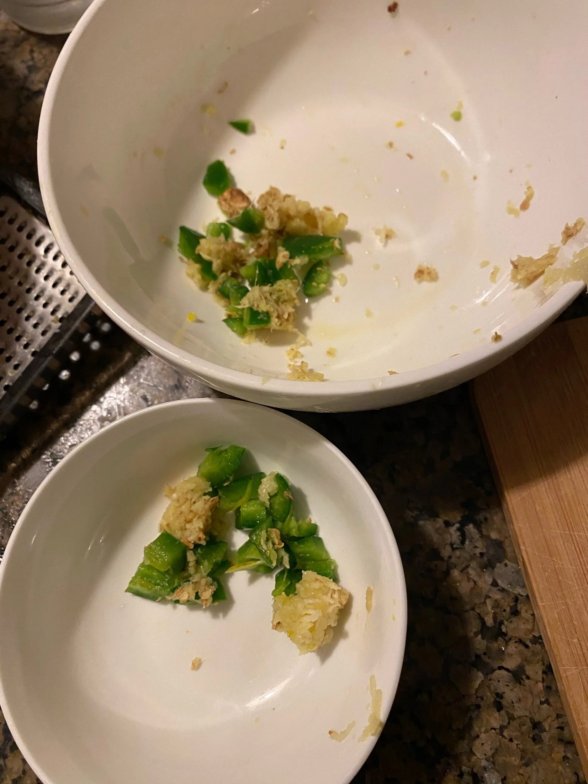 Grate the ginger and dice your garlic and DESEEDED decored jalapeno. Make twO piles of the mixture