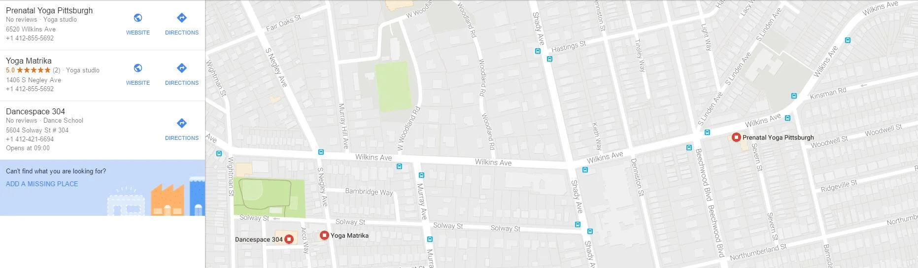 Example of Local Search Results in Google Maps for Yoga Business
