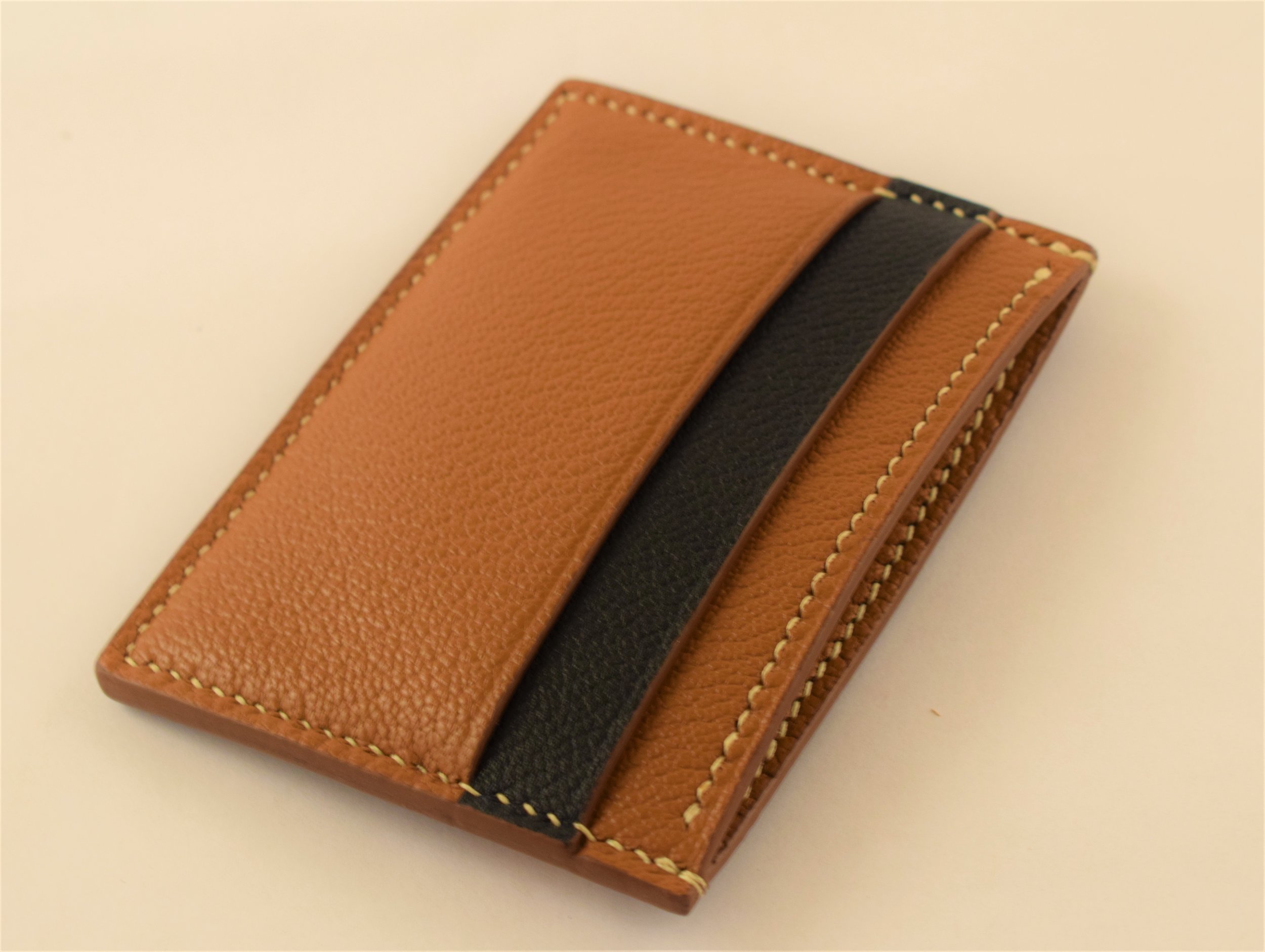 Navy Calfskin and Golden Brown Goatskin Combination, Lined Cash Pocket ($140)