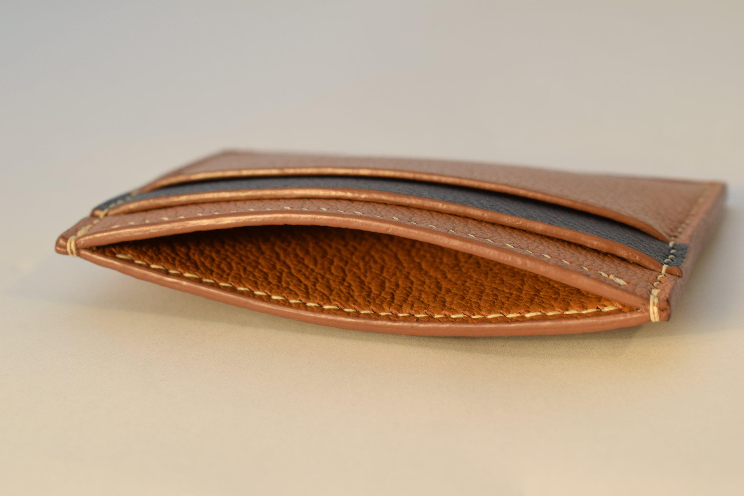 Navy Calfskin and Golden Brown Goatskin Combination, Lined Cash Pocket ($140)