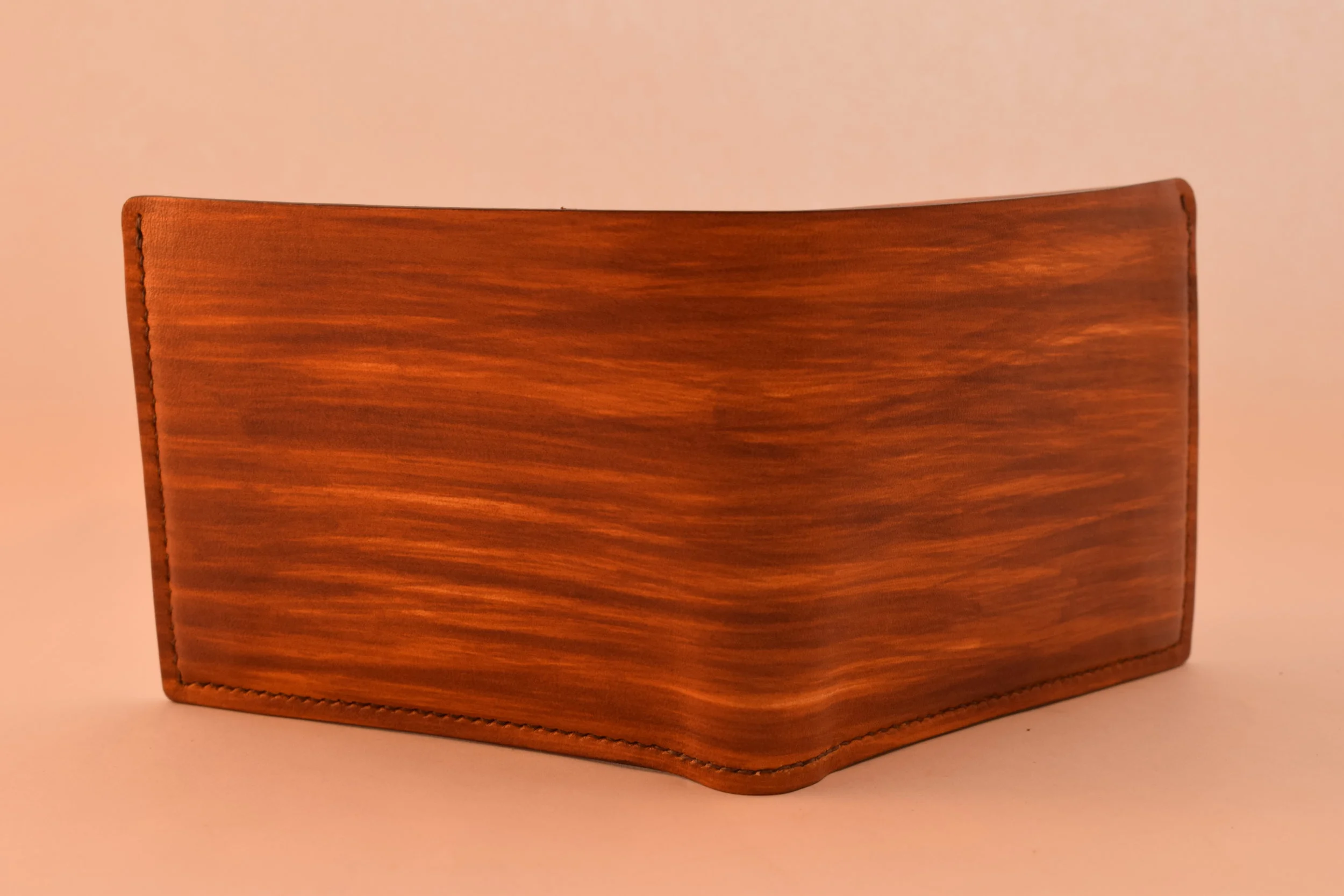 Custom Hand-dyed Wood Grain, Dark Brown Thread, Burnished edges ($250)