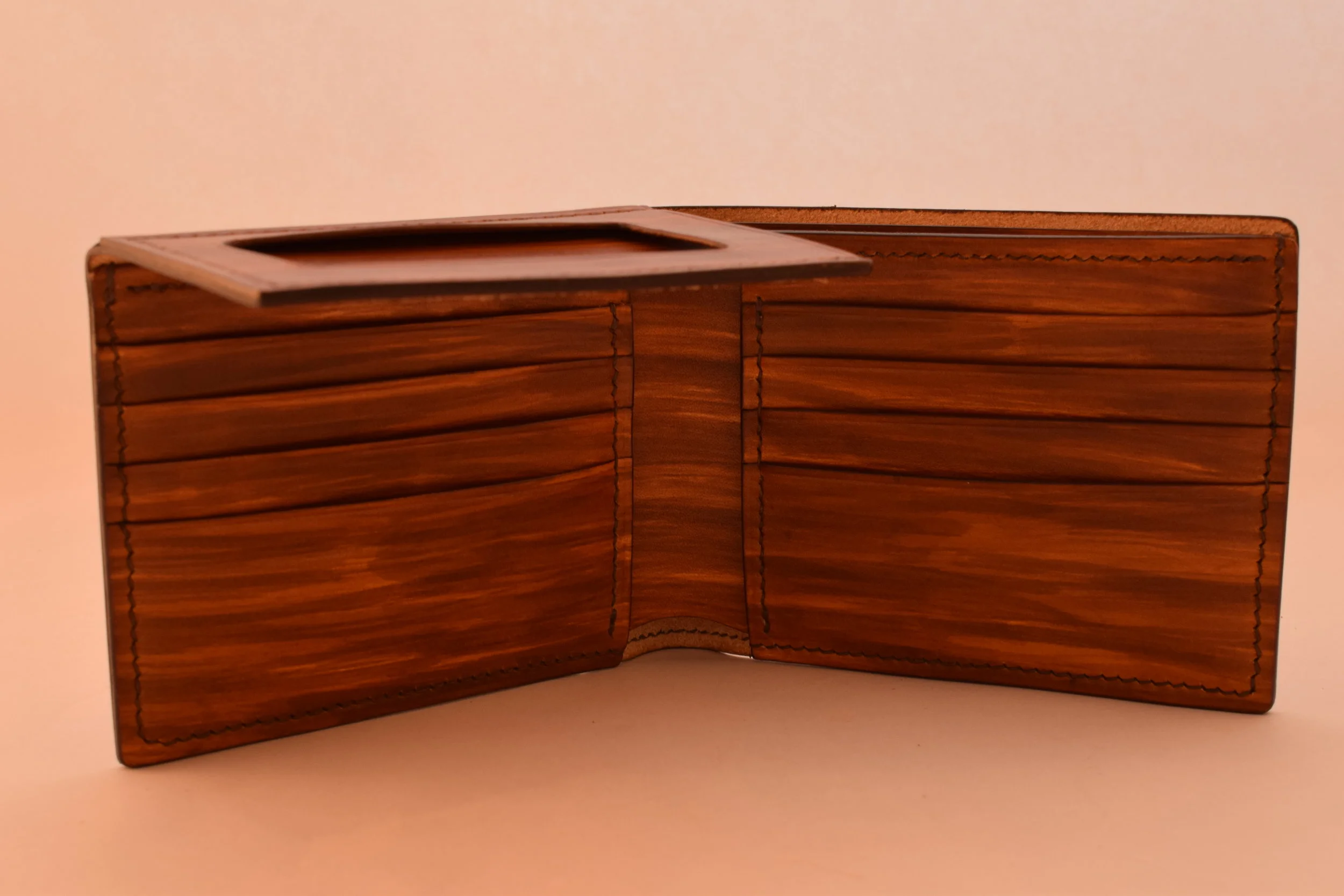 Custom Hand-dyed Wood Grain, Dark Brown Thread, Burnished edges ($250)