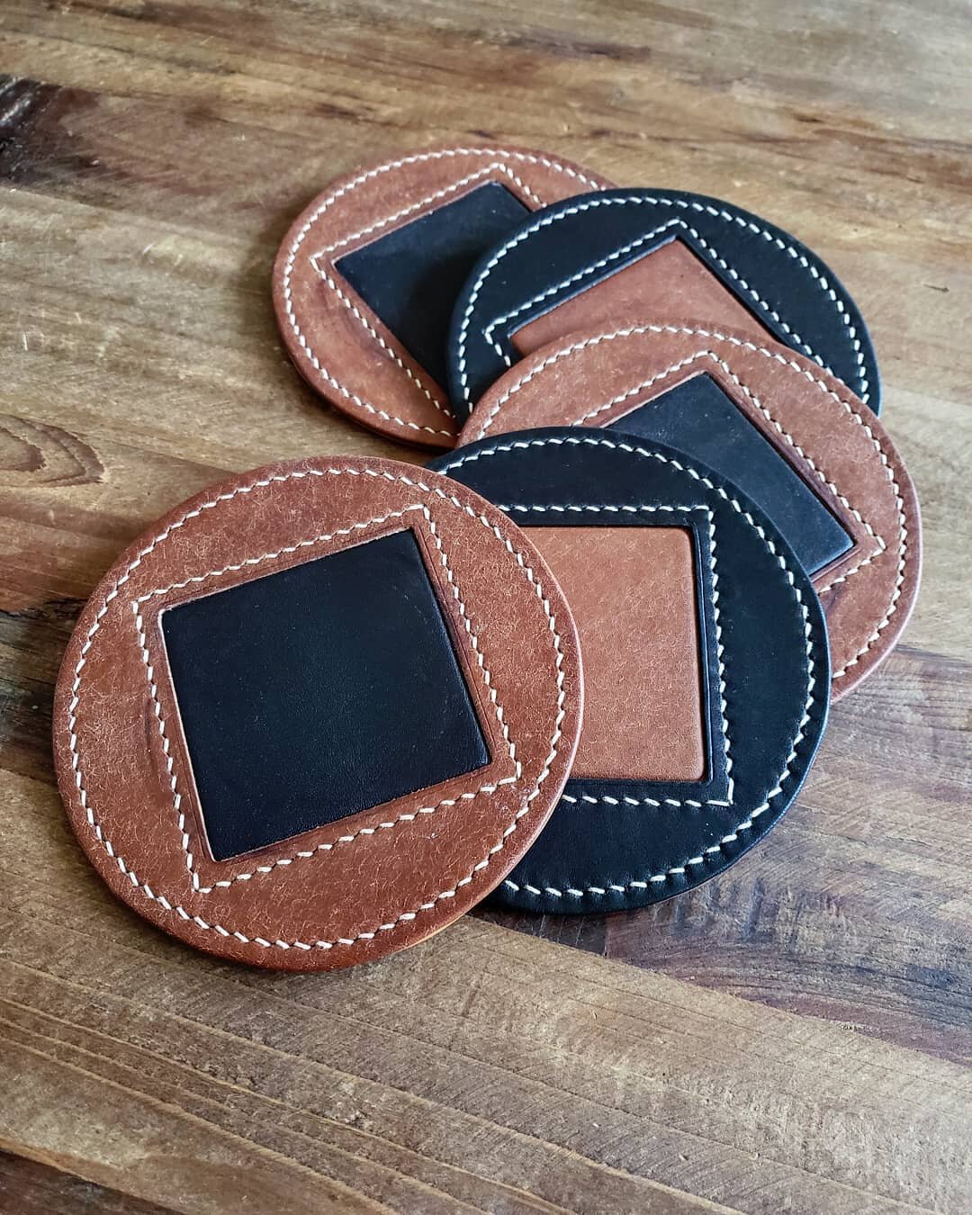 I made this set of coasters for myself and they are getting a lot of use.  Couldn't decide on round or square so I chose both! 

#coaster #leathercoaster #leathergoods #contrast #texture #thread #sewing #saddlestitch #handmade #detail #interiordesign