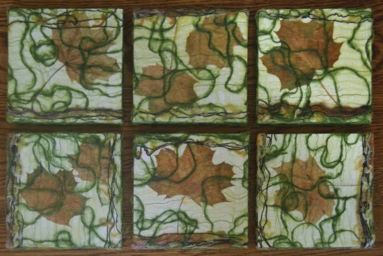 Maples Dancing 6" x 6", Maple leaves, silk, wood, threads, encaustic medium on wood panel