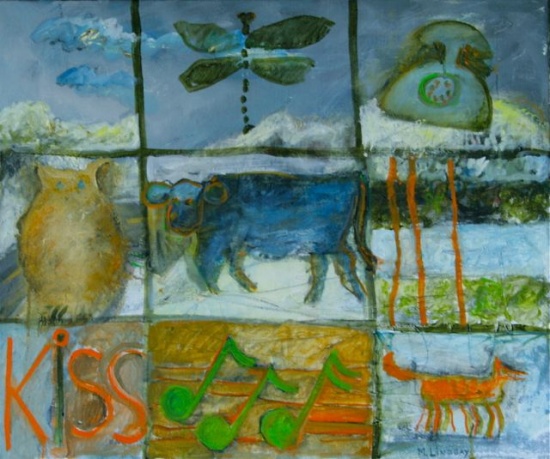 Dragonfly/Cow Grid 20 x 24", oil on canvas