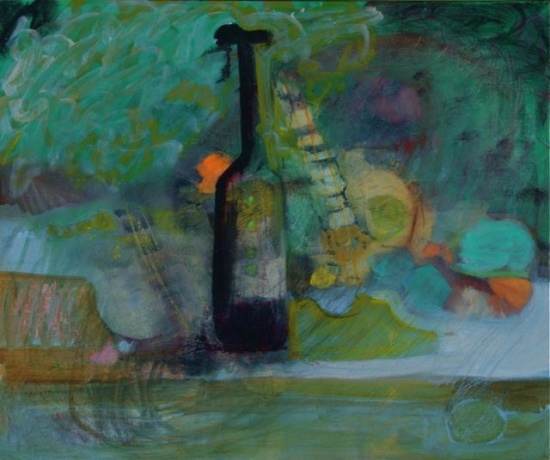 Purple Bottle and Guitar 20 x 24", oil on canvas