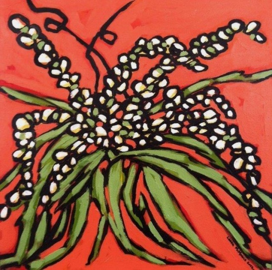 White Flowers on Orange 12 x 12, acrylic on canvas