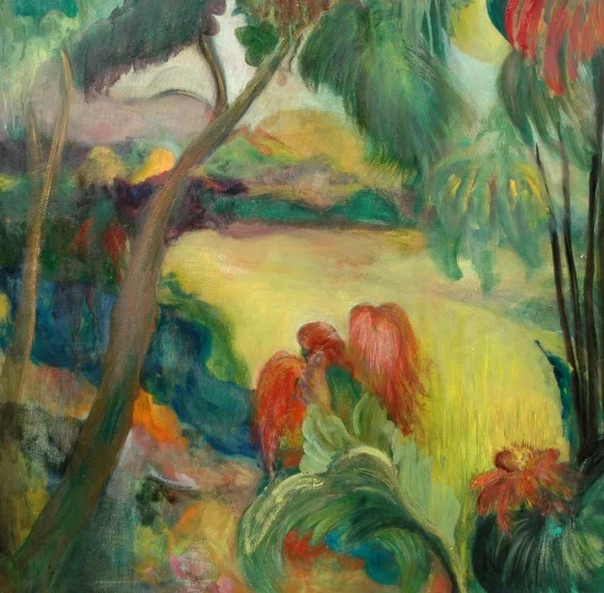 Red Bird in Canopy 30 x 30 oil on canvas