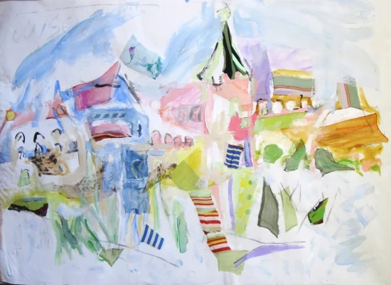 Mediterranean Village 39 x 63, collage and acrylic on canvas