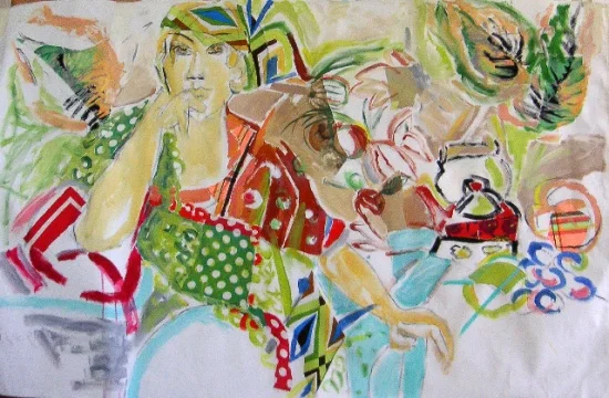 Cooking 38 x 60, collage and acrylic on canvas.