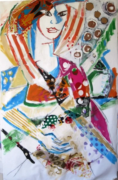 Queen of Hearts 36 x 67, collage and acrylic on canvas