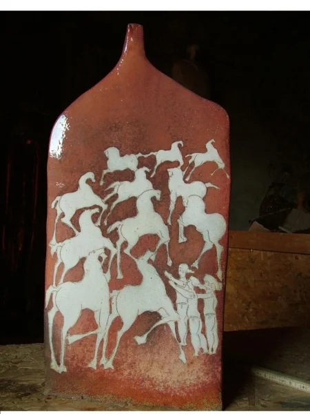 Red Stele with horses and "putti" 12" x 4"d x 24"h SOLD