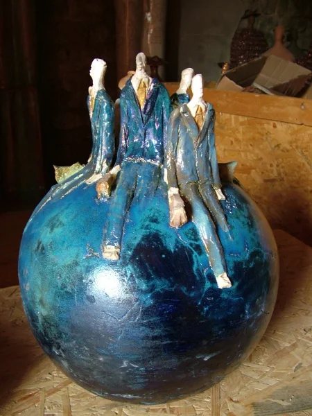 Blue Sphere with travellers 12 x 12 x 16"h SOLD