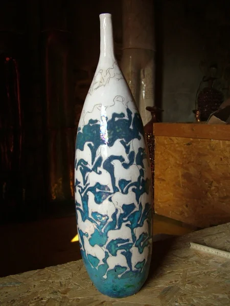 Blue Vase to White, with horses 5 x 5 x 22"h, ceramic SOLD