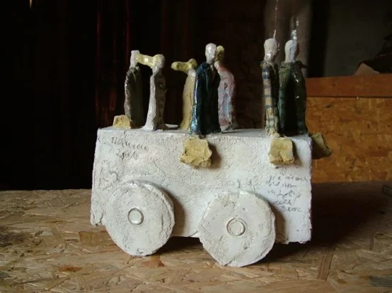 Cart with Travelers 10.5" w x 5.5"d x 9" h. ceramic, SOLD