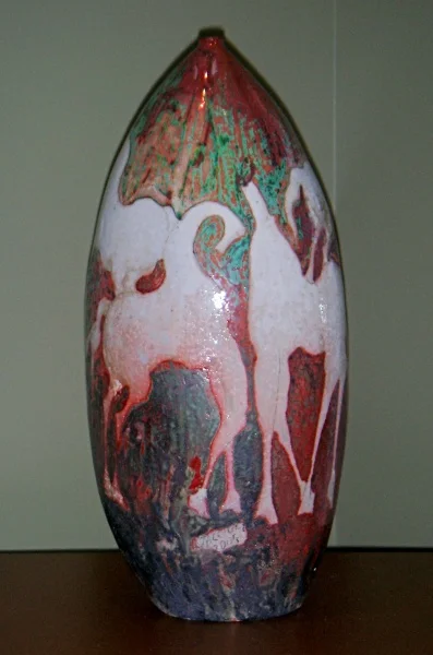 Green/Red Vessel 18"h x 7"w x 7"d. ceramic.