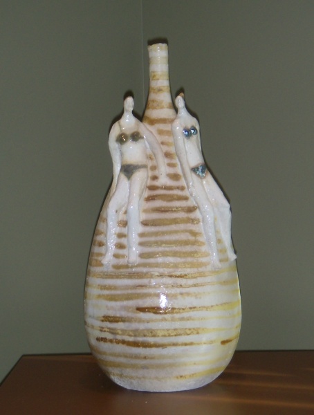 Bathers on striped vase 18" h x 9" w x 9" d., ceramic.