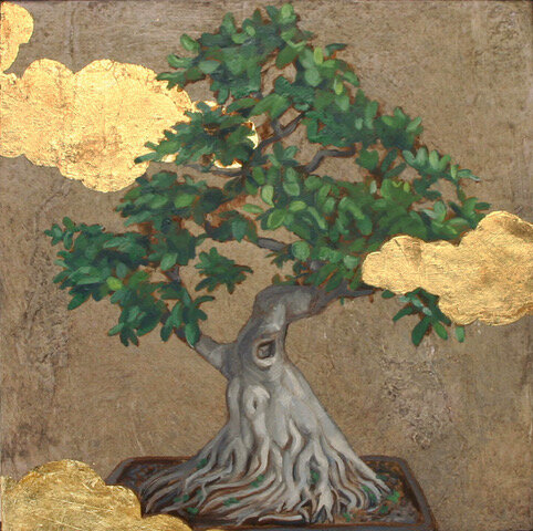 Bonsai, 8 x 8 oil and acrylic and gold leaf on wooden panel