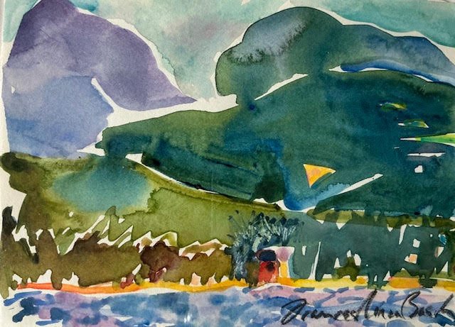 Frances Rhea Basch, Pines at Cooper Lake, 5.5x7.5 watercolor