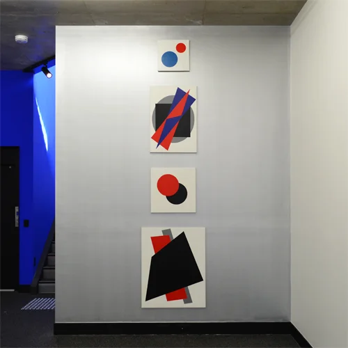 4 paintings on acrylic wall painting 33 x 33 cm, 89 x 71 cm, 50 x 50 cm, 75 x 50 cm Guido Münch Supremus 2016