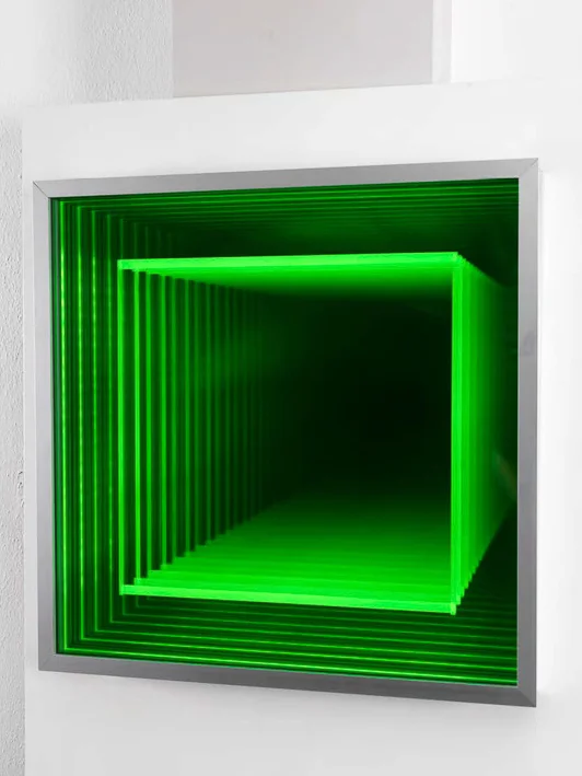 Image courtesy the artist Mirror, glass, sandblasted perspex, aluminium, LED lights, 42 x 42 x 8.5cm Gina Jones Untitled (small square) 2008