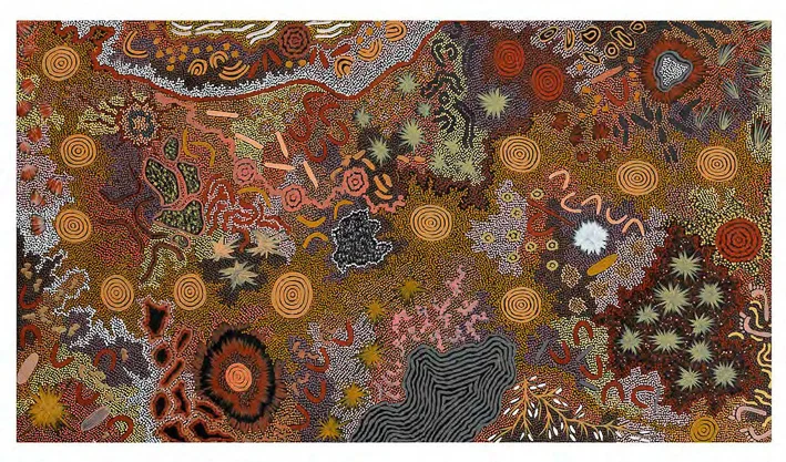 Image courtesy the artist and Aboriginal Artist Agency Synthetic polymer on linen, 113.5 x 204cm Gabriella Possum Nungarrayi Grandmothers Country 2004
