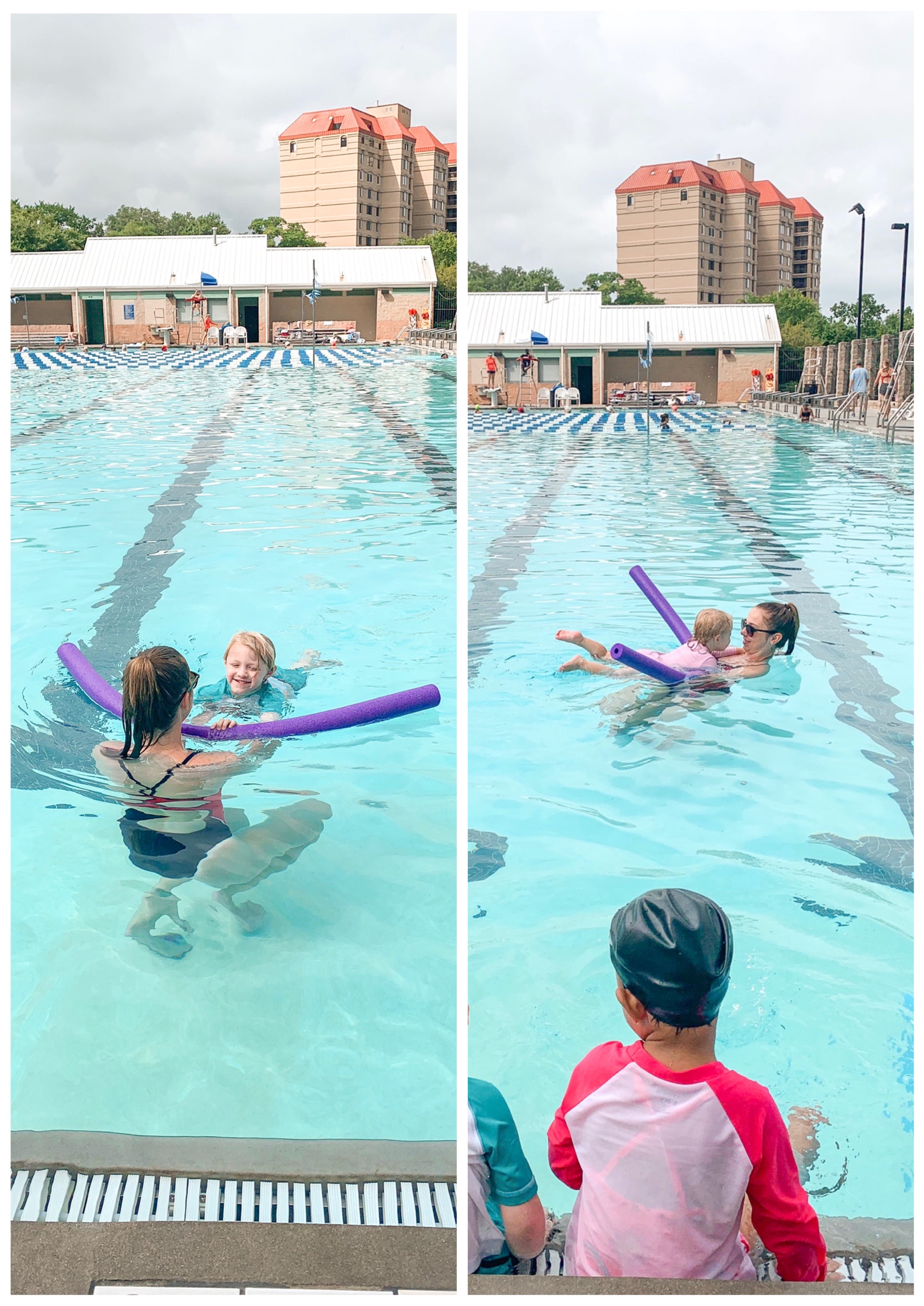 The kids are practicing kicking while holding on to a noodle. They also used a kickboard to do the same thing.
