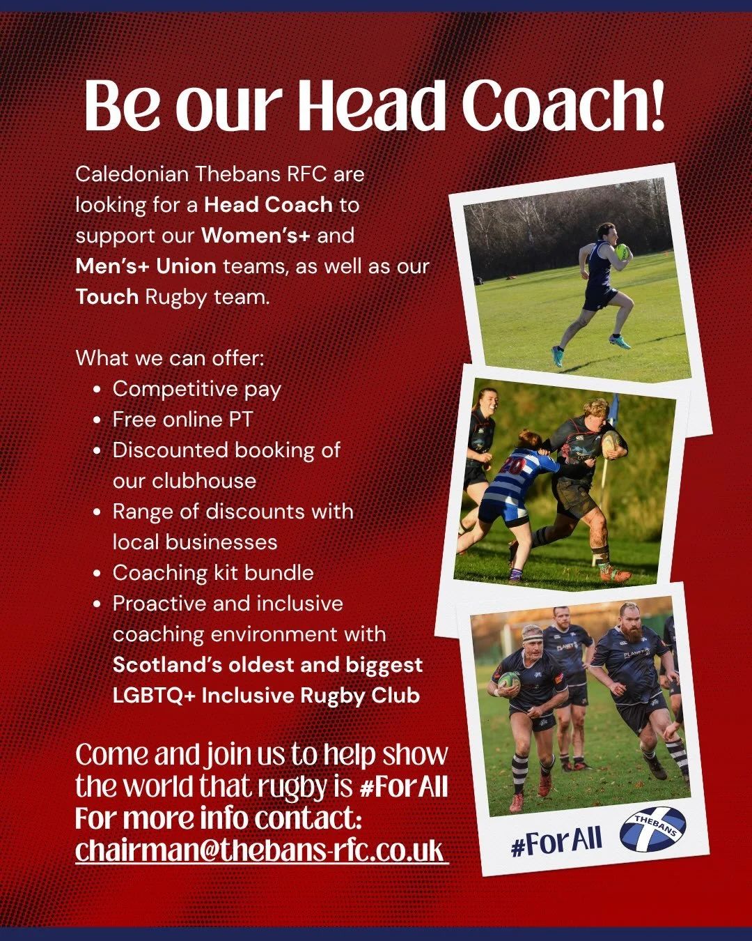Two fantastic opportunities have come up to coach at Scotland&rsquo;s oldest and biggest LGBTQ+ Inclusive Rugby Club!

1️⃣ Head Coach: Caledonian Thebans RFC are looking for a Head Coach to support our Women&rsquo;s+ and Men&rsquo;s+ Union teams, as 