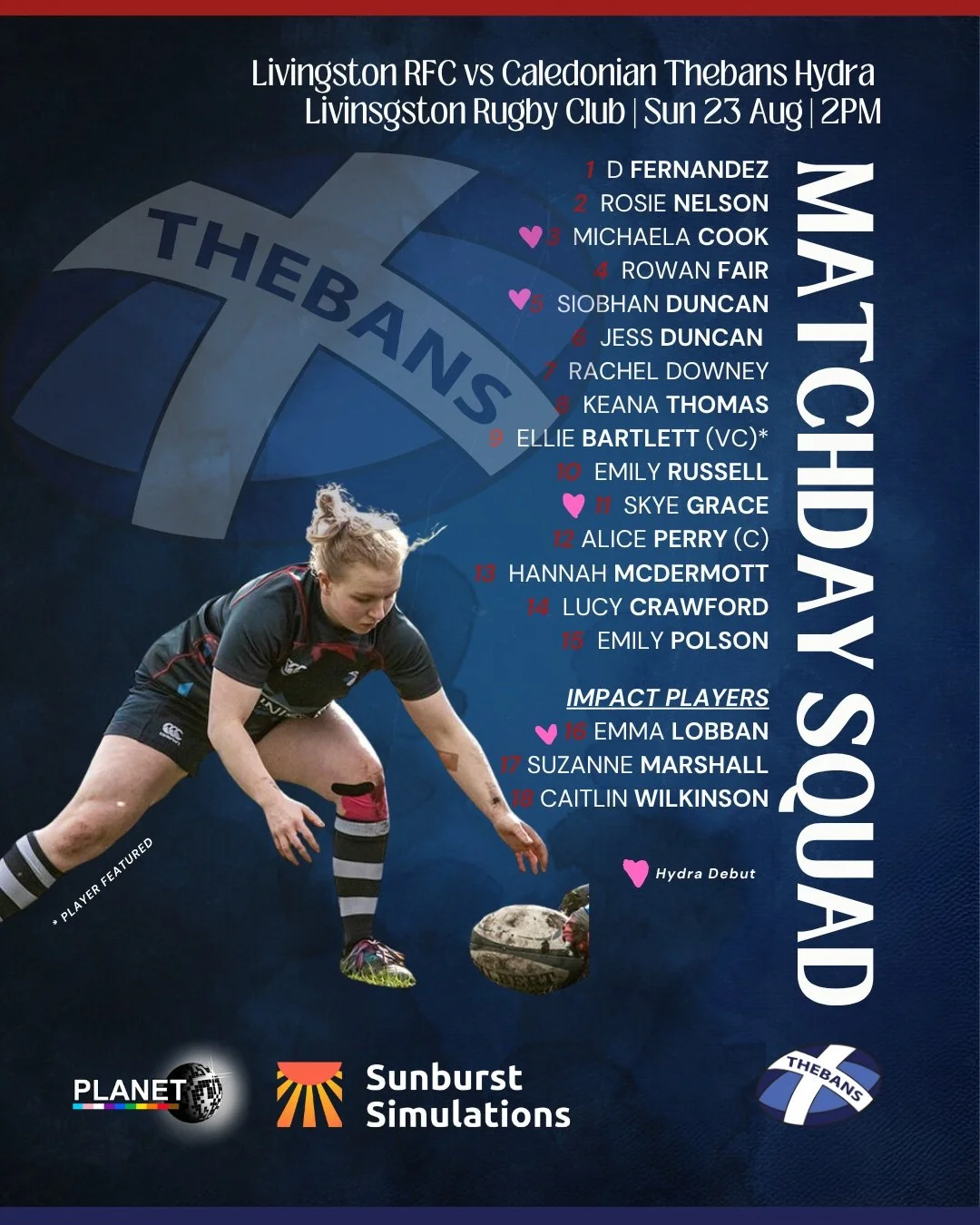 Introducing your Caledonian Thebans 1WXV for their preseason match against @livingstonrugbyclub!

We're bringing 4 Theban Hydra Debuts along with our pals at @leithrugby and @hillfootsvixens this is sure to be a great match.

Get yourselves down to L