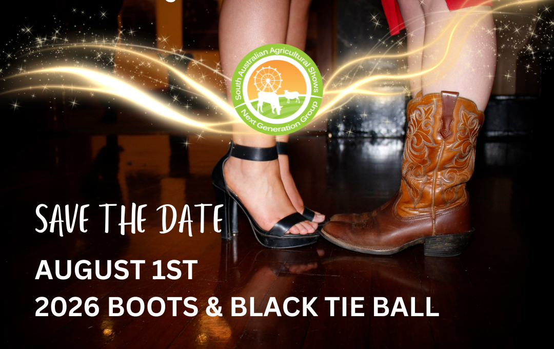 Image of black high heel shoes & brown western boots with text"SAVE THE DATE AUGUST 1ST 2026 BOOTS & BLACK TIE BALL
