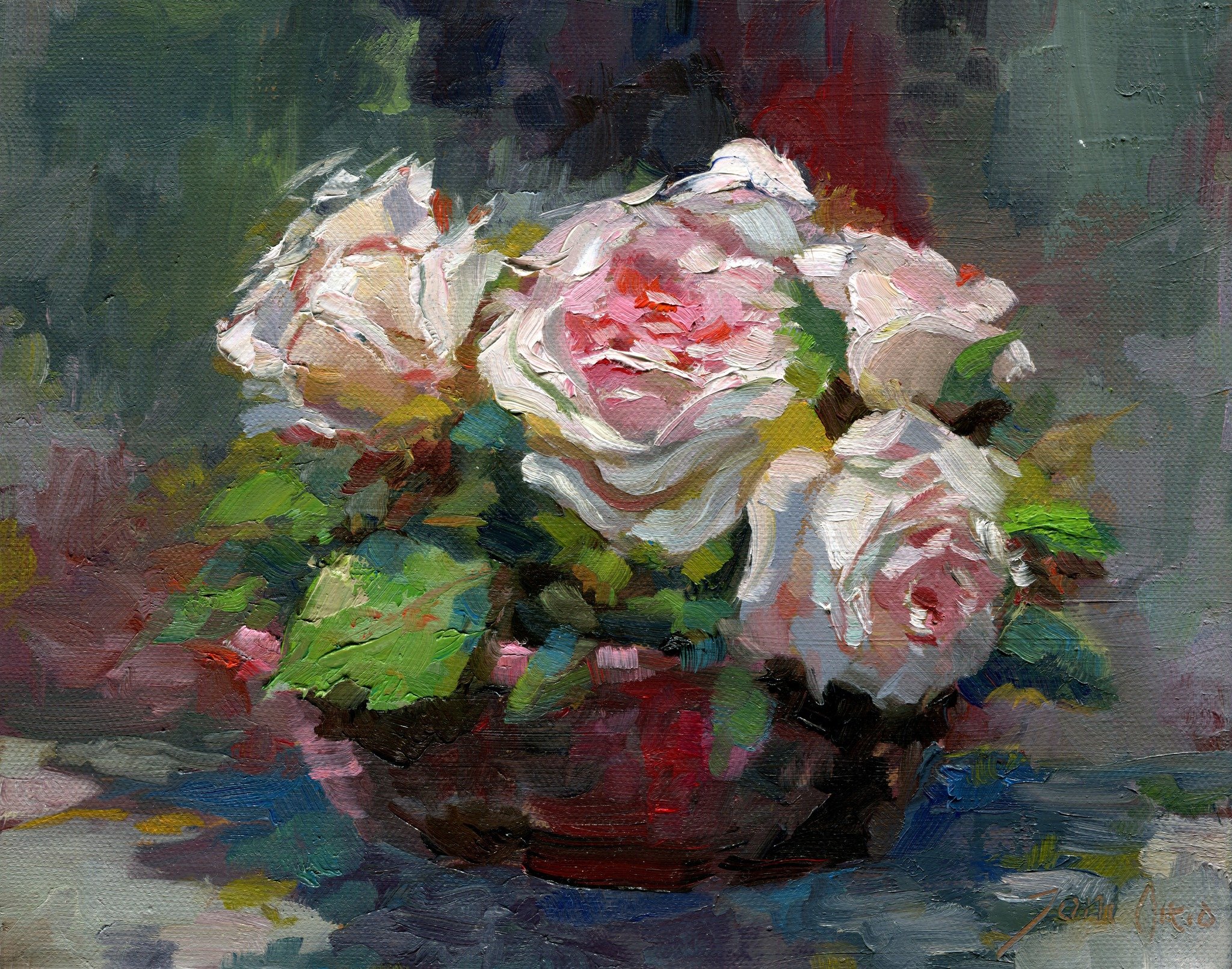 Valkoiset ruusut. 30x25 cm taulupohjalle maalattu. T&auml;n suunnittelussa k&auml;ytin valokuvia ja teko&auml;ly-kuvagenerointia sek&auml; kuvanmuokkausta apuna. 

#whiteroses #rosepainting #flowerpainting #ruusut #ruusumaalaus #&ouml;ljymaalaus