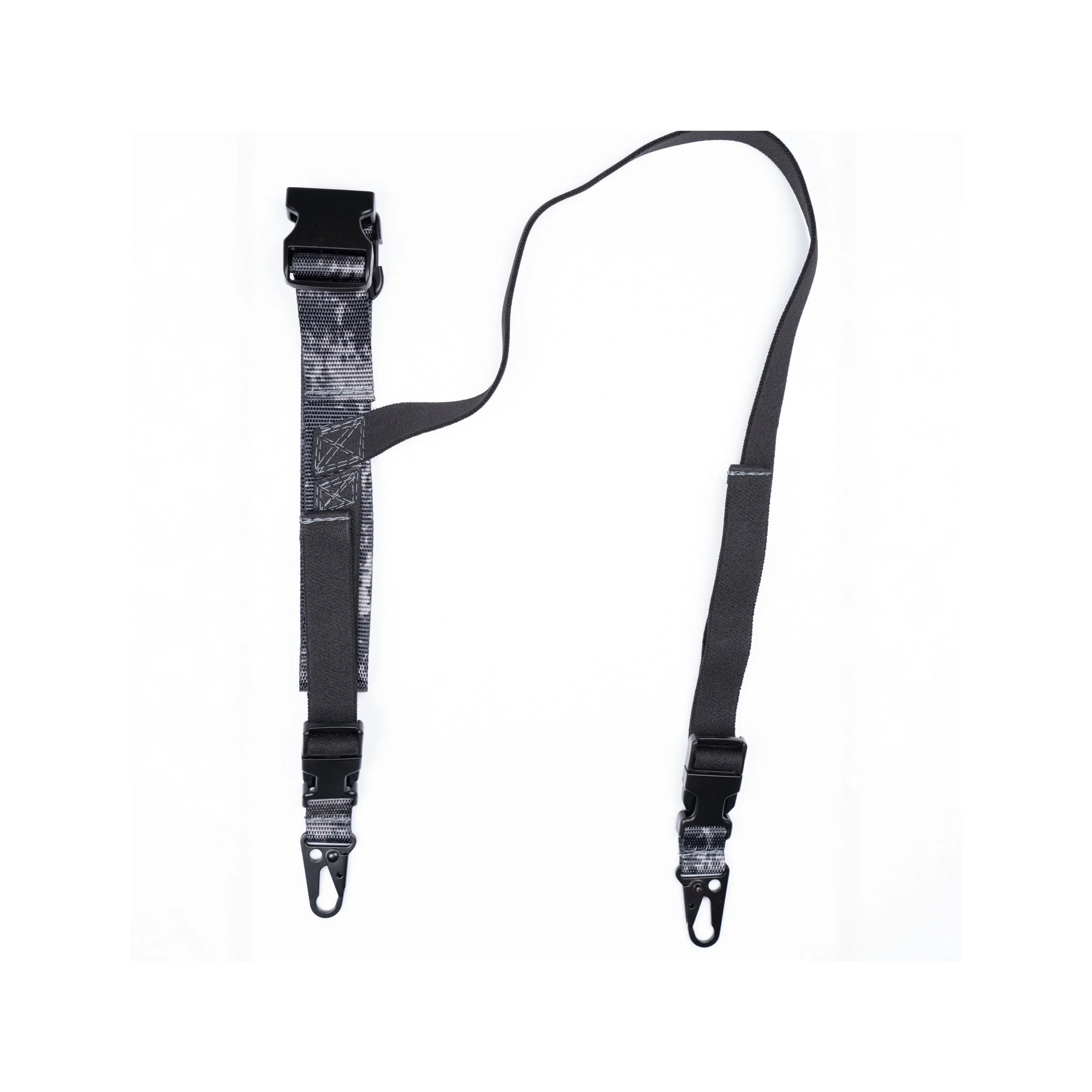Black Camo HK Sling with 1250 ft-lb mil-spec webbing, USA-made buckles & HK clips. Trusted by military, law enforcement, SWAT teams & Airsoft.