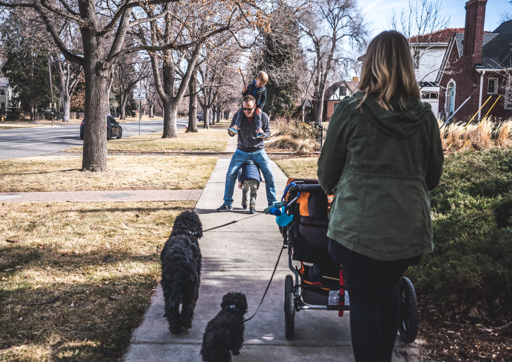 Color photo of a mother pushing a stroller and walking two black dogs while her husband, who's in front of her on the sidewalk, holds one son on his shoulders as the other runs underneath his legs. Photo taken in Park Hill, Denver, Colorado during the family's documentary family photography session.