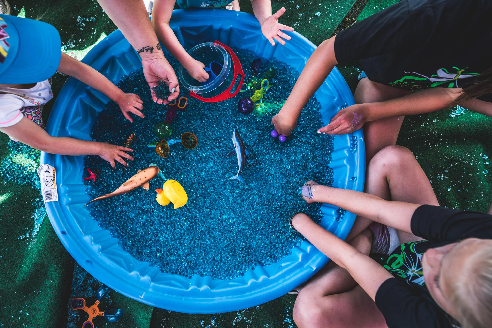 Overhead shot looking down at kids dunking their hands into a kiddie pool full of water balls and toys