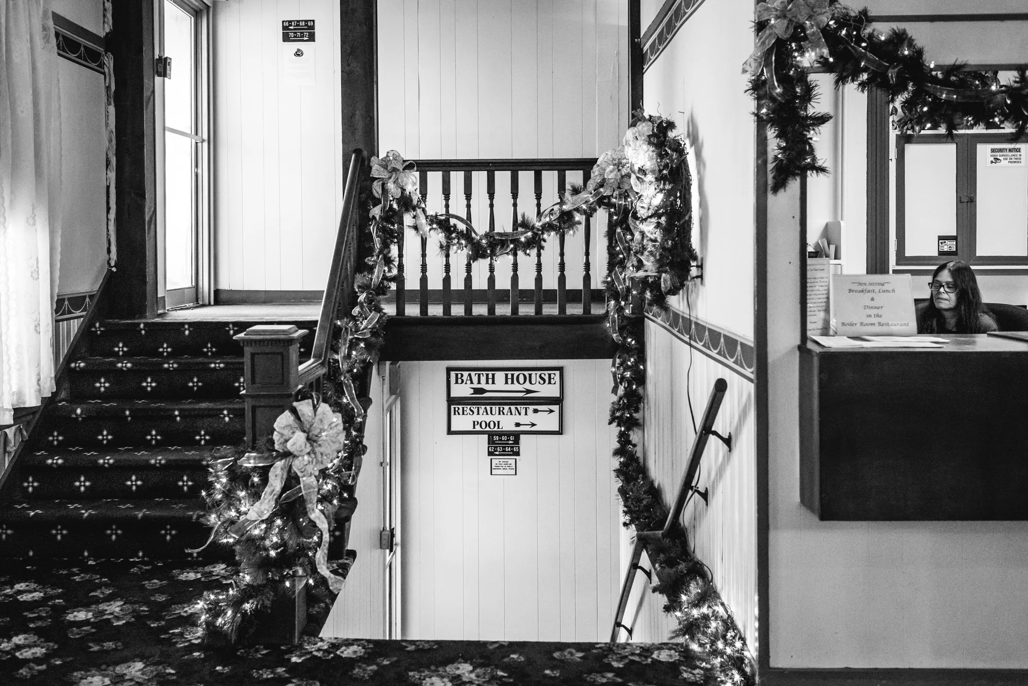 Black and white photo of the interior of the Original Springs Hotel wedding venue