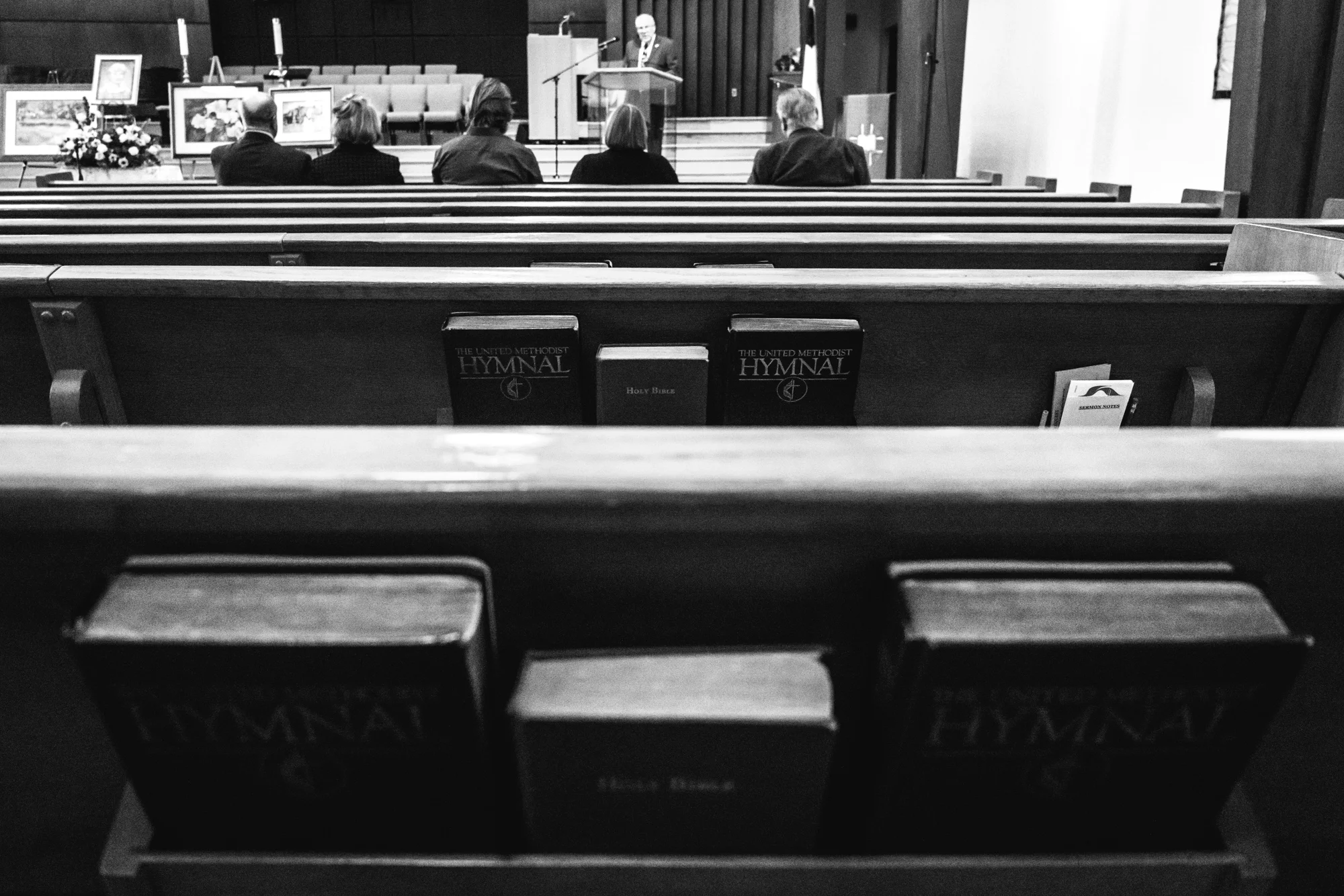 View from the middle row of pews at the Greeley United Methodist Church in Greeley, Colorado during the funeral service for Barbara Richard