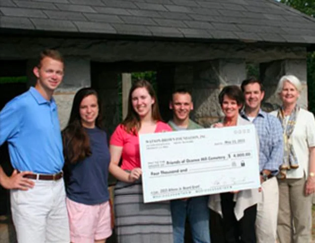 Pictured are Watson Brown Junior Board members Jackson Keene, Anderson Felt, Fleming Smith, and Shelby Chasteen as well as FOHC Board members Janie Bush and Joe Tillman and Trustee Lucy Allen.