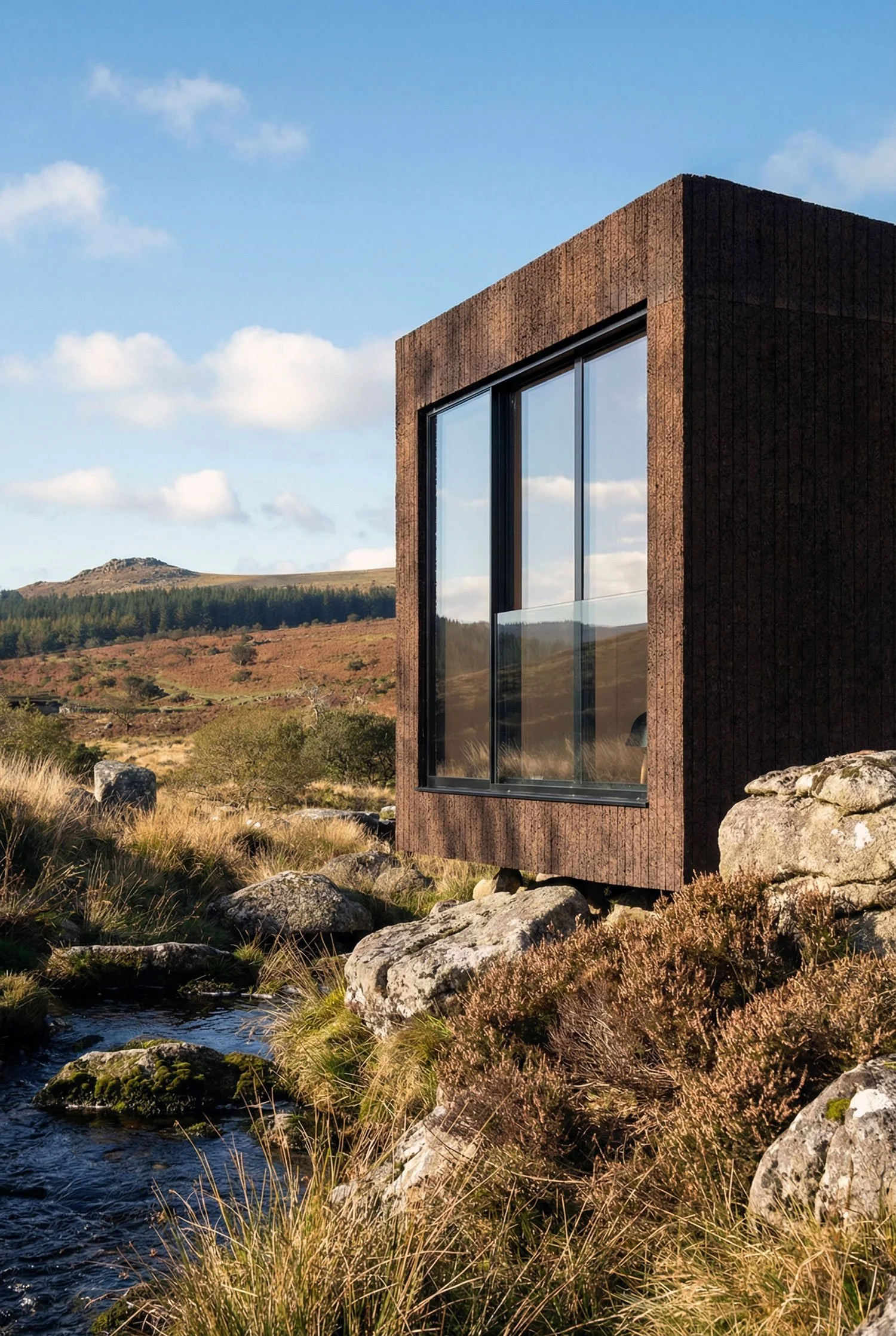 Mobile guest suite on wheels positioned lightly within the landscape