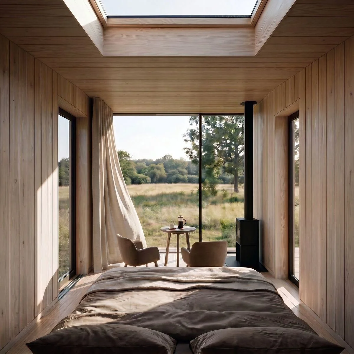 Haku interior with panelled walls and floor to ceiling glazing