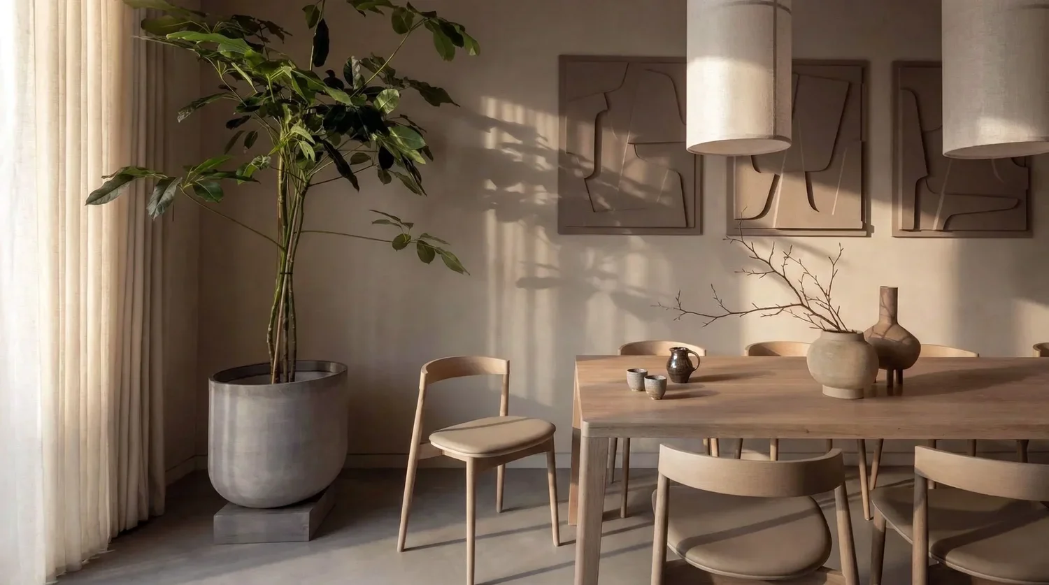Dining space with natural light, timber table and minimalist styling