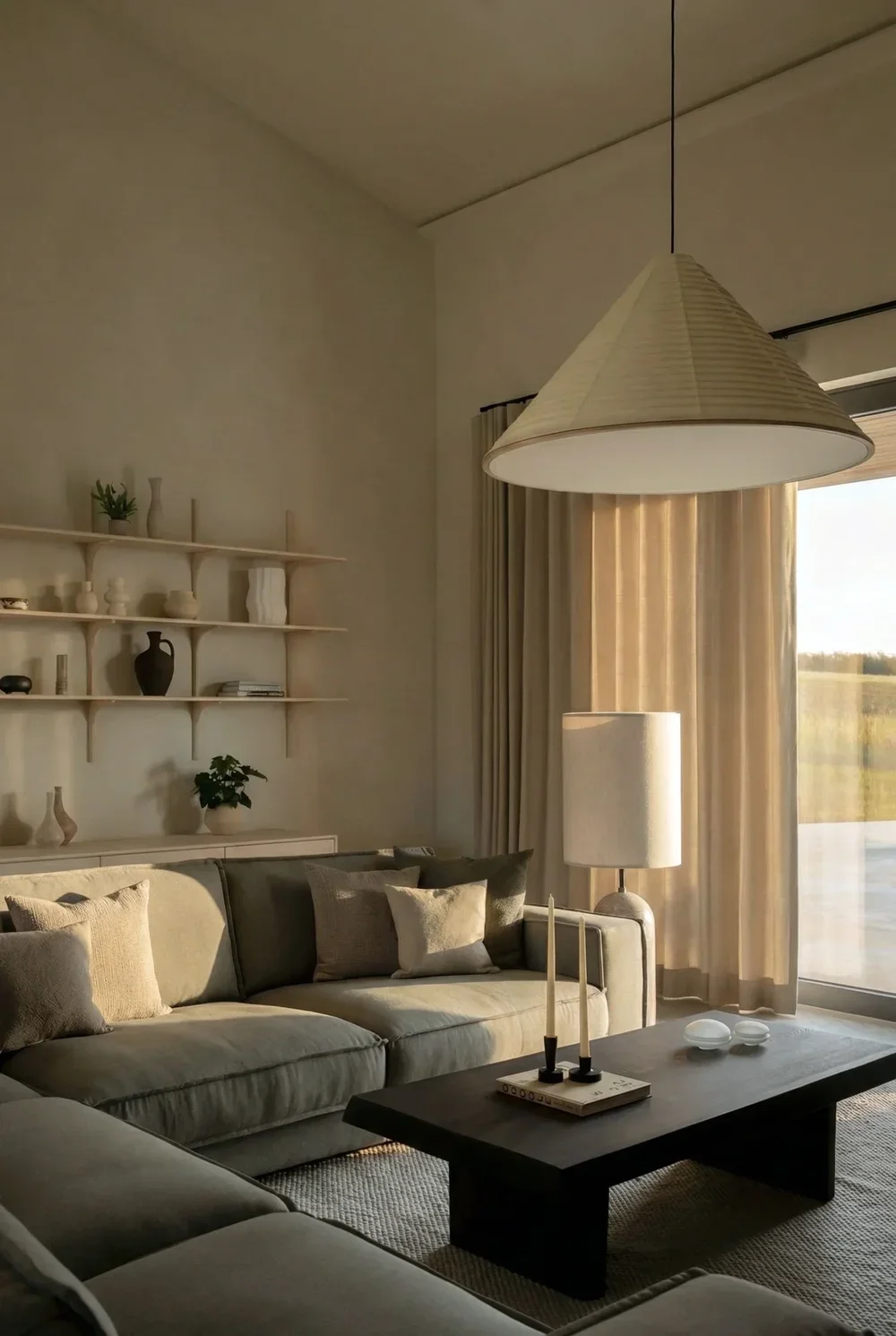 Calm living room interior with natural materials and soft, warm lighting