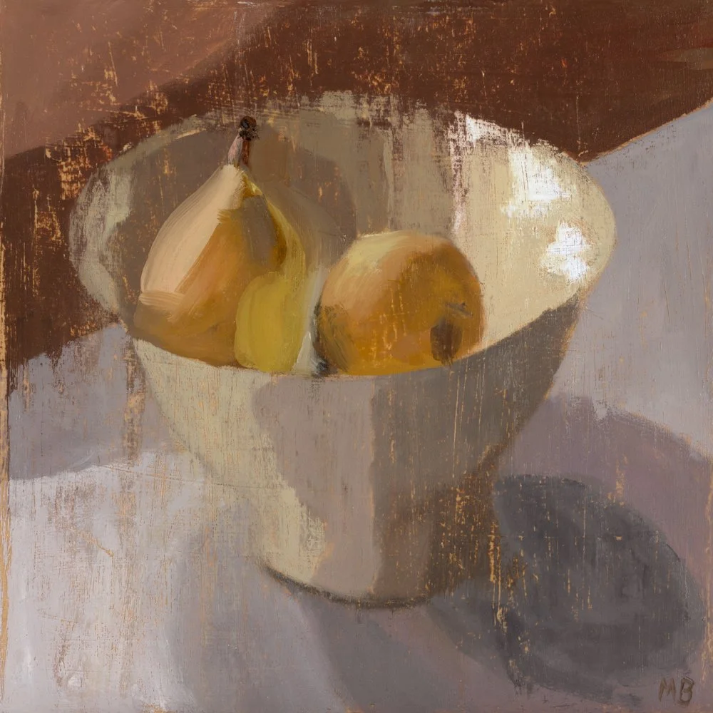 A painting of a large tree with blue and green leaves beside a dirt path, with a wooden fence in the background and initials 'MB' in the bottom right corner.